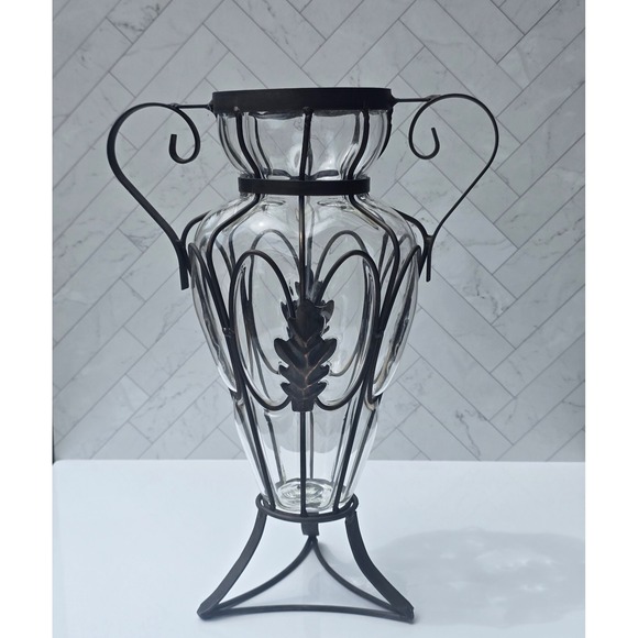 Unbranded Other - Wrought Iron and Caged Blown Glass Amphora Vase Scrolled Handles Rustic 15.5in